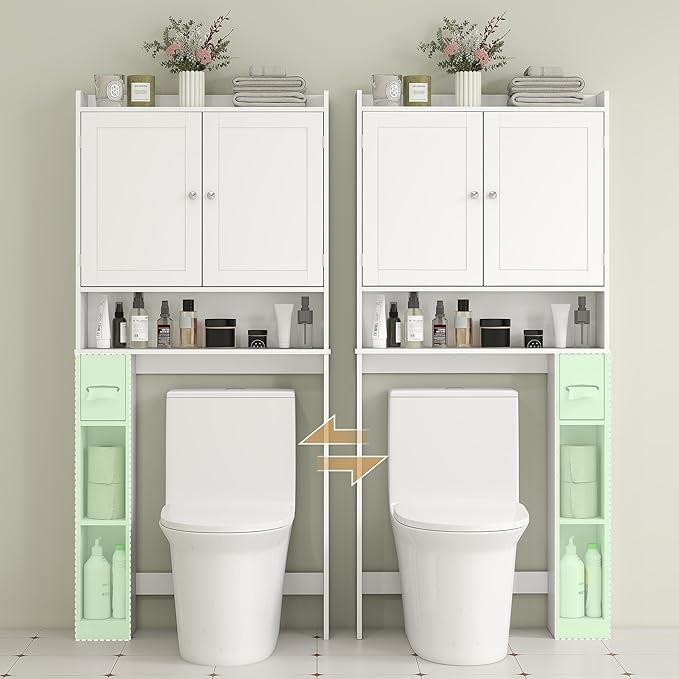 HOMCOM Over The Toilet Storage Cabinet, Modern Above Toilet Bathroom Organizer with 2 Doors, Storage Shelves, Toilet Paper Holder, Freestanding Space Saver for Bathroom, Laundry, White