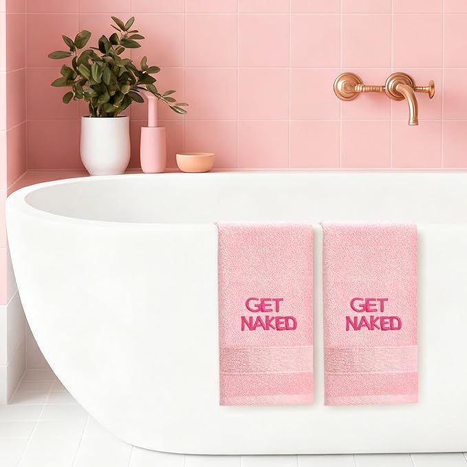 2 Pcs Pink Get Naked Hand Towels 100% Cotton Embroidered Bathroom Pink Towel Modern Decorative Housewarming Gifts, Funny Bathroom Decor 29 x 13 Inch