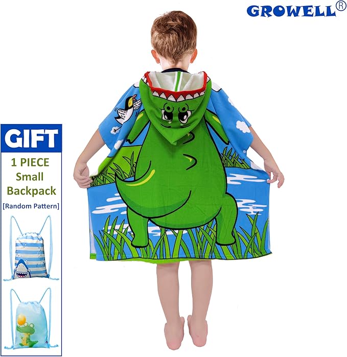 Hooded Kids Beach Towels - Toddler Bath Towel Girls Boys Swim Cover-ups for Ages 4 to 10 Kids Pool Towels Quick Dry Lightweight Soft Microfiber Poncho 30x30 with Bag (Green Alligator)
