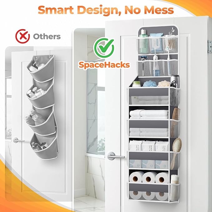 6-Tier Over The Door Organizer with Mesh Pockets, Baby Nursery Storage for Closet, Bathroom and Bedroom, Adjustable Hanging Closet Organizer for Cosmetics, Books and Essentials（Dark Grey）