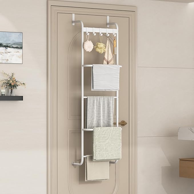 5 Tier Over The Door Towel Racks for Bathroom Wet Towel Drying Rack Clothing Storage Holder with Hooks (White, 5 Tier)
