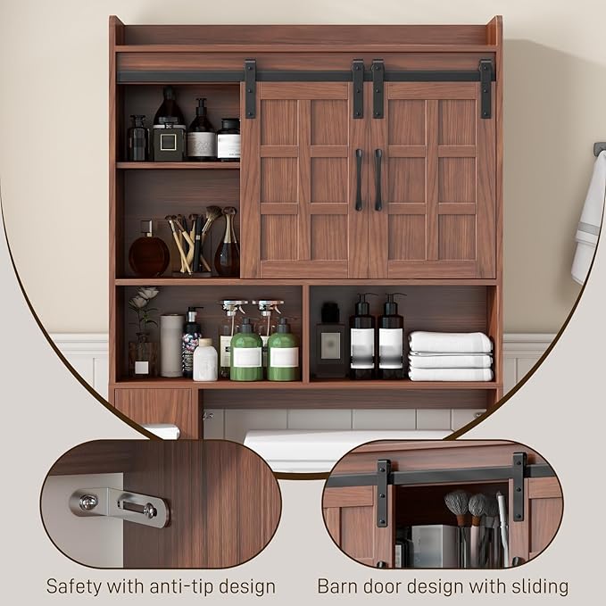 Over The Toilet Storage Cabinet, Farmhouse Storage Cabinet Over Toilet with Sliding Doors，Home Space-Saving Toilet Rack, for Bathroom, Restroom, Laundry. Walnut