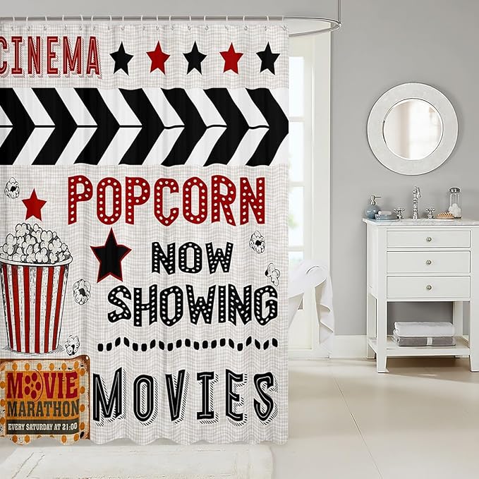 70's Vintage Cinema Movie Theater Shower Curtain Popcorn Bathroom Curtain Cinema Poster Design All Season Waterproof Curtain for Kids Boys Black Red Microfiber Bath Curtain Room Decor,72"Wx72"L