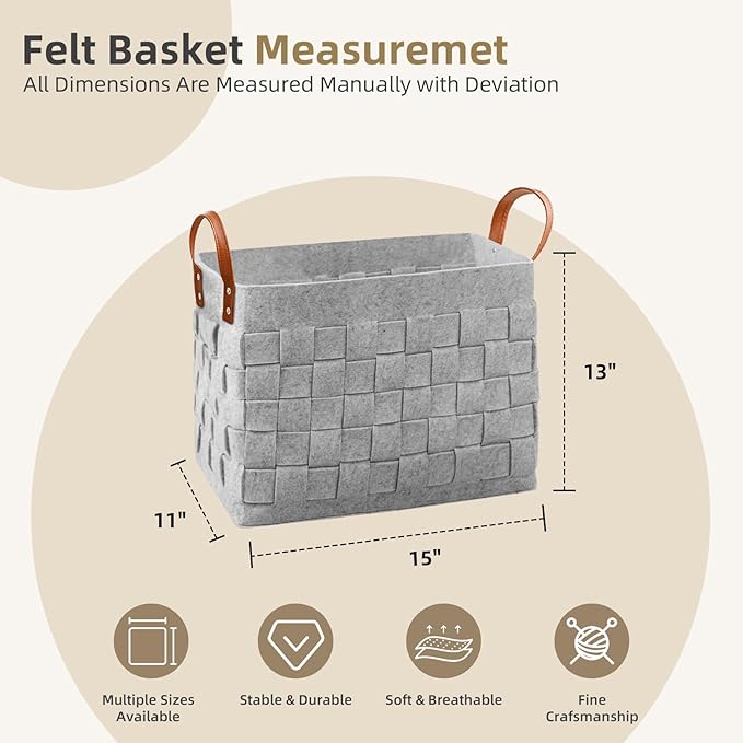 boldmonkey Blankets Basket 15 " x13 x11 2 Pack, Large Storage Baskets for Organizing Rectangular, Living Room Dog Toy Bin for Dirty Clothes, Pillows, Towel-Light Gray