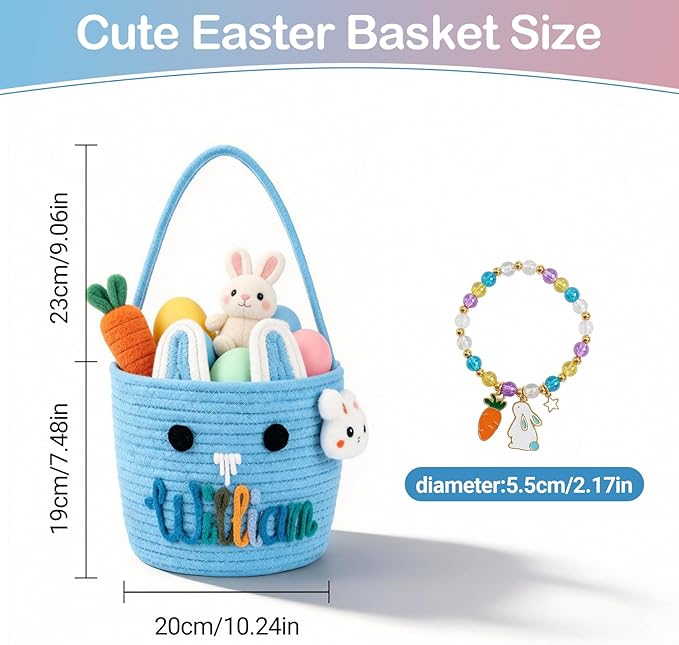 Personalized Easter Basket for Kids with Name - Custom Cute Embroidery Easter Bunny Rope Basket for Boys Girls, Easter Egg Hunt Basket (Cute Bunny with Eyes)