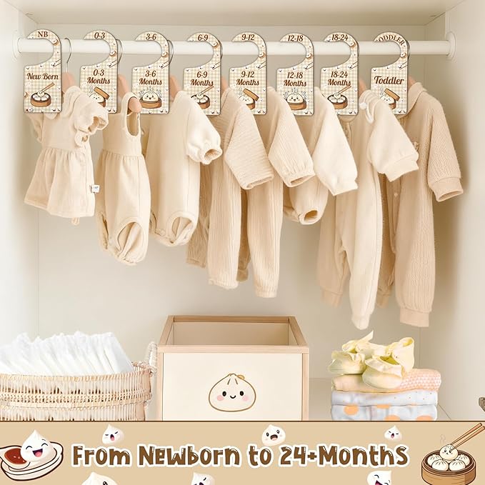 Baby Closet Dividers 8PCS, Cute Dumpling Themed Wooden Double-Sided Clothes Size Hanger/Organizer from Newborn to Toddler for Nursery Decor Baby Shower Birthday Gender Reveal Party Gift