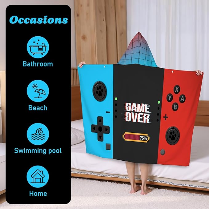 Hooded Towels for Kids Game 50" x 30" Toddler Bath Beach Towel Poncho with Hood Super Soft and Absorbent 100% Microfiber for Boys Ages 3-10