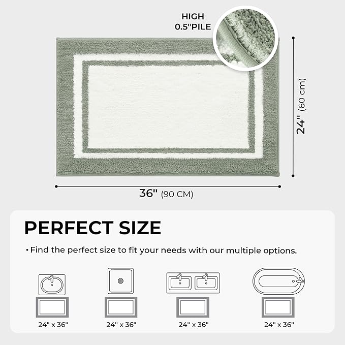 GRANNY SAYS Microfiber Bathroom Rugs Non Slip Washable, Water Absorbent Bathroom Mats for Tub Non Slip, Soft Bath Mats for Floor & Shower, Long Bath Rug, 24" x 36" Sage Green
