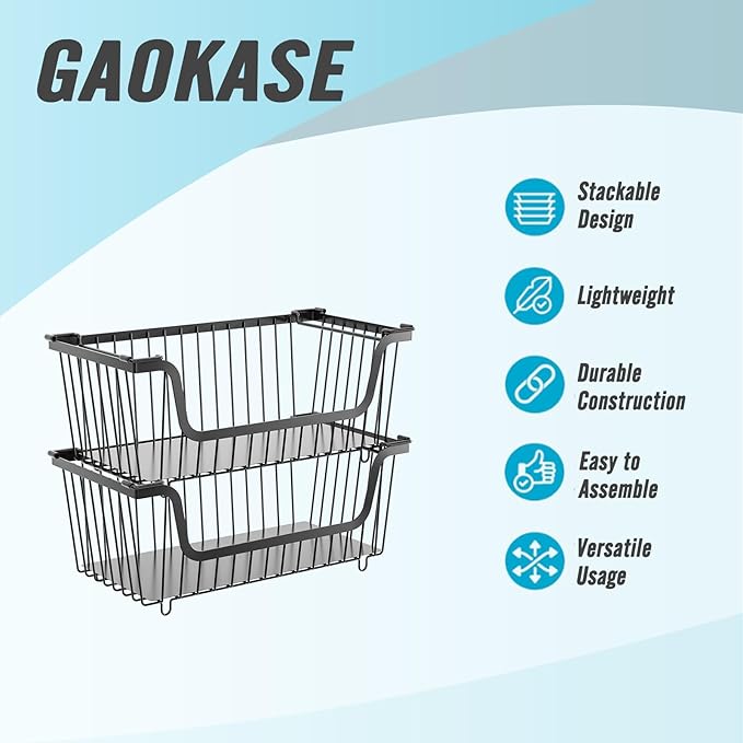 6 Pcs Stackable Wire Baskets for Pantry Organizers and Storage,Vegetable Fruit Basket for Countertop,Kitchen Storage Metal Baskets,Produce Potato Onion Storage Bin,Black