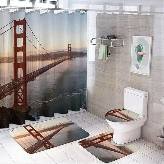 4 Piece Bathroom Rug Set with Shower Curtain, Non-Slip Bath Mat Toilet Cover Set, Golden Gate Bridge Bathroom Rug Sets
