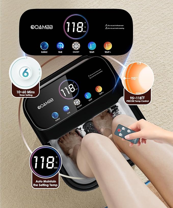 Collapsible Foot Spa with Heat, Bubble,Temp Control,Remote Control, Color Touch Screen Foot Bath Massager with 6 Massage Rollers,Foot Soaking Tub (Black+Green)
