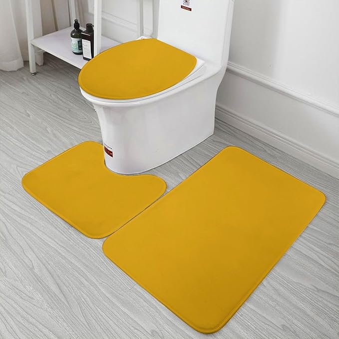 3 Pieces Bath Rug Sets, Mustard Yellow Bathroom Mat Set Non Slip U Shaped Contour Rug & Toilet Lid Cover
