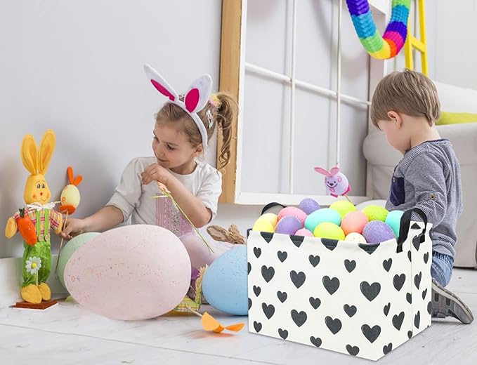 Rectangular Love Heart Toy Storage Bin Organizer Shelf Book Basket Love Room Decor (Black Heart)