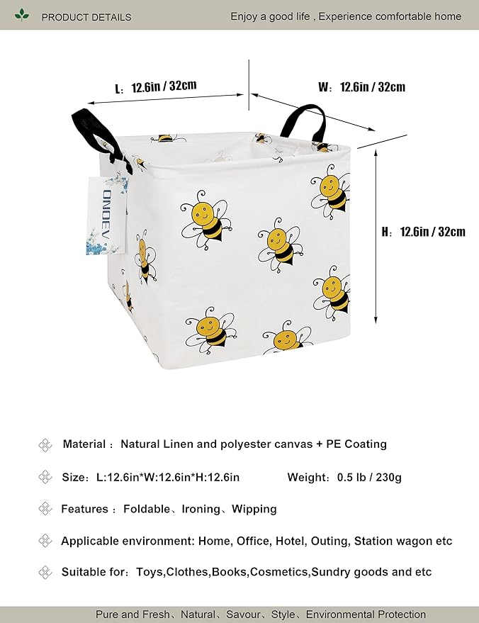 Square Folding Laundry Basket, Canvas Basket,Nersury Hamper,Suitable for Children,Office,Bedroom,Clothes,Toys Storage（Bee