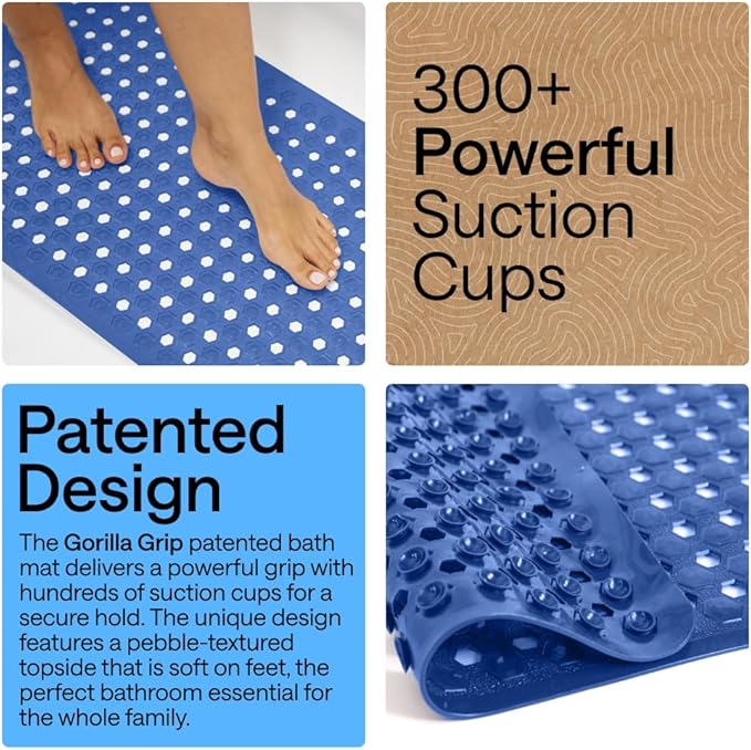 GORILLA GRIP Patented Bath Tub Shower Mat, Machine Washable Bathtub Floor Liner Mats, Suction Cups and Drain Holes to Keep Tubs Clean, Soft on Feet, Bathroom Essentials, 35x16 Inch, Royal Blue Opaque