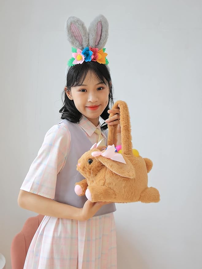 DearSun Exquisite Embroidery Bunny-brown 1 Plush Modern Kids Room Easter Basket with Customized Embroidery Technology