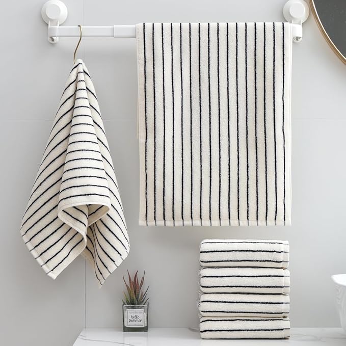 6 Piece Black and White Striped Hand Towels,100% Cotton Bathroom Towels Ultra Soft and Highly Absorbent Hand Towels for Bathroom Kitchen, Showering, Spa, Gym,Hotel (13” x 29”)