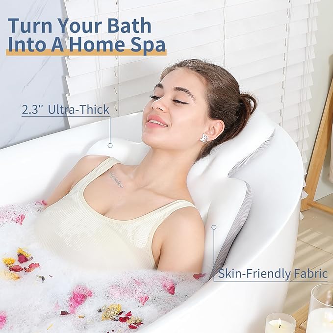 Luxury Bath Cushion, Full Body Bathtub Pillow with 160 Suction Cups, Bath Mat for Head and Neck Support, with Laundry Bag (White, 56" x 16")