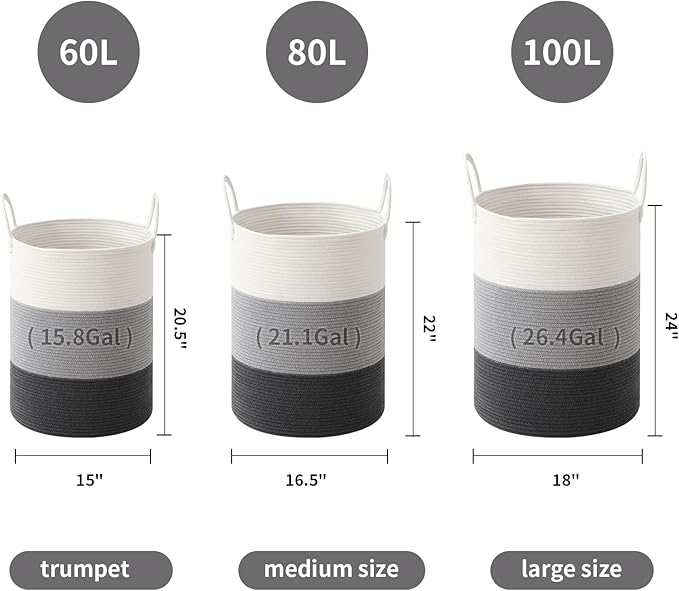 Woven Laundry Hamper Tall Rope Storage Basket for Blanket toys Dirty Clothes in Living Room Bathroom Bedroom (Gradient Grey, 80L/21.3Gal)
