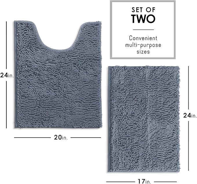 Hearth & Harbor Bathroom Rugs, Chenille Bath Mat - Machine Washable Bath Mats for Bathroom Non-Slip Backing Rubber, Quick Dry Bathroom Mat, 17 x 24 + 20 x 24 - Stone Blue