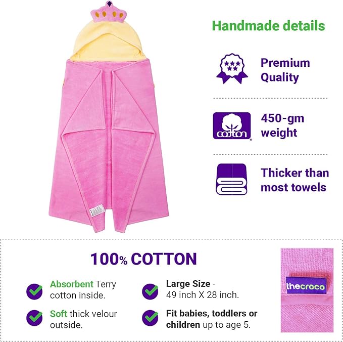 Premium Hooded Towels for Kids | Ultra Soft and Extra Large (28 x 49 inches) | 100% Cotton Kids Bath Towel with Hood | Beach Pool Towels for Ages 1-8 Boys & Girls (Light Pink)