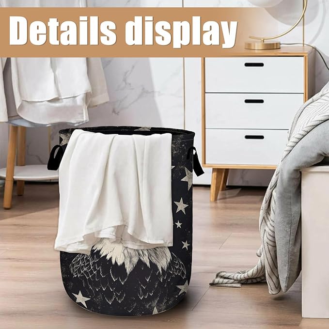 Black Eagle Laundry Basket, Foldable Waterproof Laundry Hamper Tote Bag Dirty Clothes Storage Bucket Toy Organizer for Bathroom/Laundry/Bedroom 15.7"x19.6"