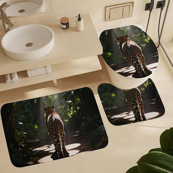 4 Piece Bathroom Rug Set with Shower Curtain, Non-Slip Bath Mat Toilet Cover Set, Cheetah Bathroom Rug Sets
