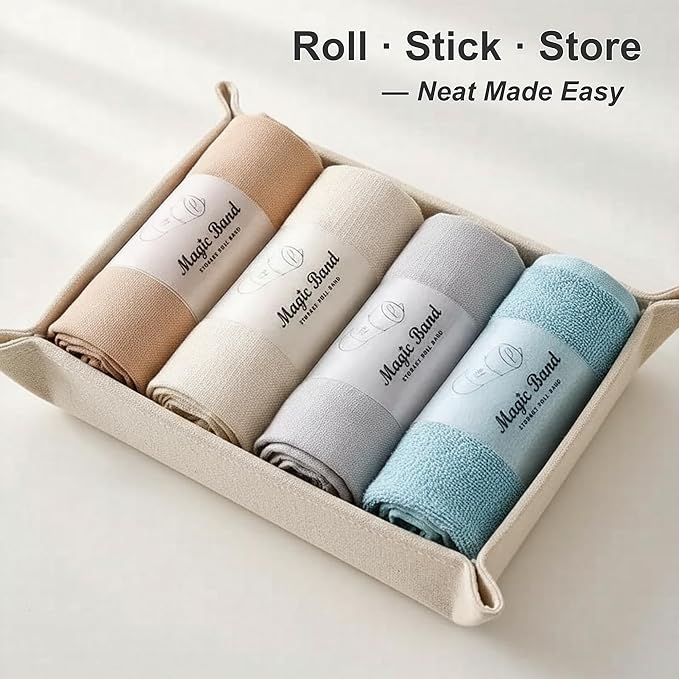 6 Pack Self-Adhesive Clothes Organizer Straps, Reusable Clothing Storage Bands for Shirts & Towels, Fabric-Safe Closet Organizer Straps for Drawer & Luggage Packing (Combo Pack, 2 Small+2 Medium+2 Large)