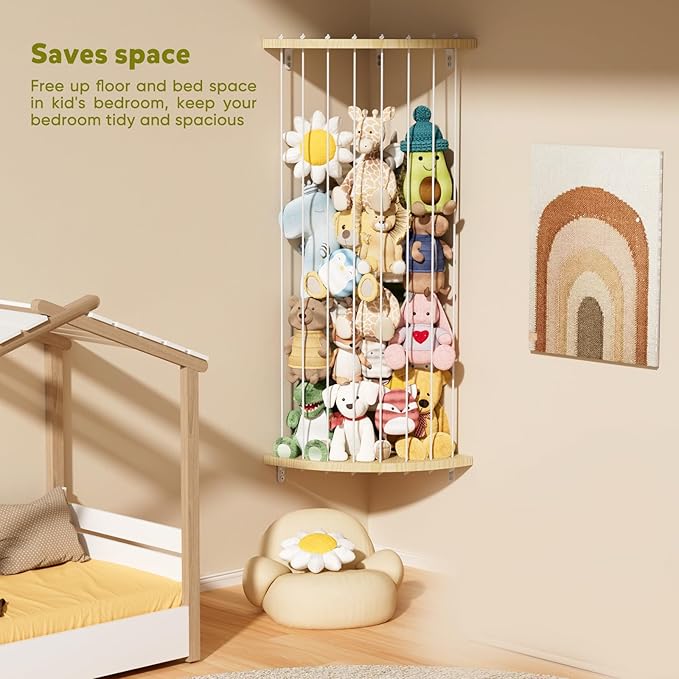 Dayacoco 80 in Stuffed Animal Storage Wooden Corner Shelf,60-80 in Length Adjustable,Stuffed Animal Organizer,Wall Hanging Stuffed Animal Holder Shelf for Nursery & Play & Bedroom & Kid Room