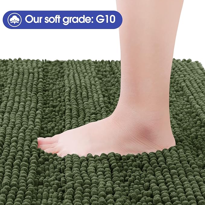 ACCUMTEK Christmas Striped Oliver Green Bathroom Rug Set 3 Pieces Ultra Soft, Non Slip Chenille Toilet Mat, Absorbent Plush Shaggy Bath Mats for Bathroom, Bedroom, Kitchen