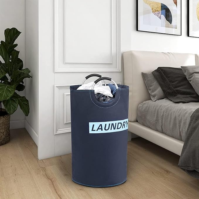 ZERO JET LAG 82L Large Laundry Basket Collapsible Fabric Hamper Tall Foldable Laundry Bag Handles Waterproof Washing Bin Clothes Travel Bathroom College Essentials Storage (Dark & Light Blue, L)