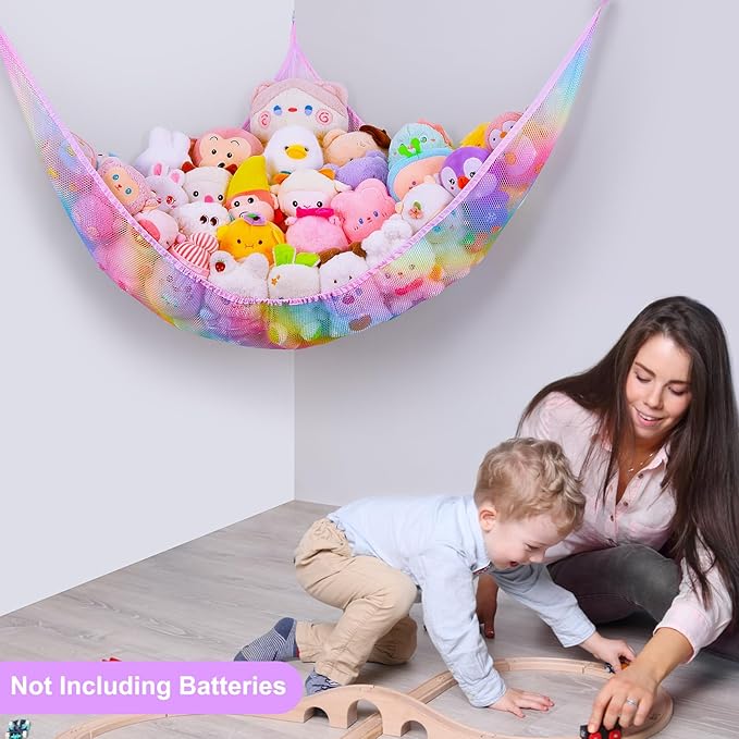 Unicorn Castle Stuffed Animals Net or Hammock Kids Toy Storage Organizer with LED Light Hanging Corner Stuffed Animals Holder Kids Girls Room Decor,Rainbow-A,XLarge (Pack of 1)