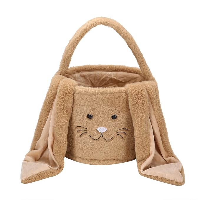 Plush Easter Bunny Basket, Easter Egg Hunt Basket with Soft Long Ears,Bunny Bucket Tote for Candy Easter Party Favors (Plush-Brown)