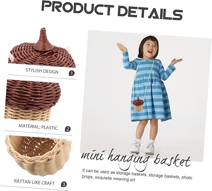 1pc Mini Acorn Satchel Rattan Basket Lid Boys and Girls Foraging Bag Rattan Decor Woven Storage Basket Cottagecore Accessory