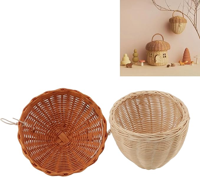 Rattan Storage Basket Mushroom Shape Decorative Woven Fruit Basket Wall Hanging Storage Basket with Lid Photo Prop Room Decor