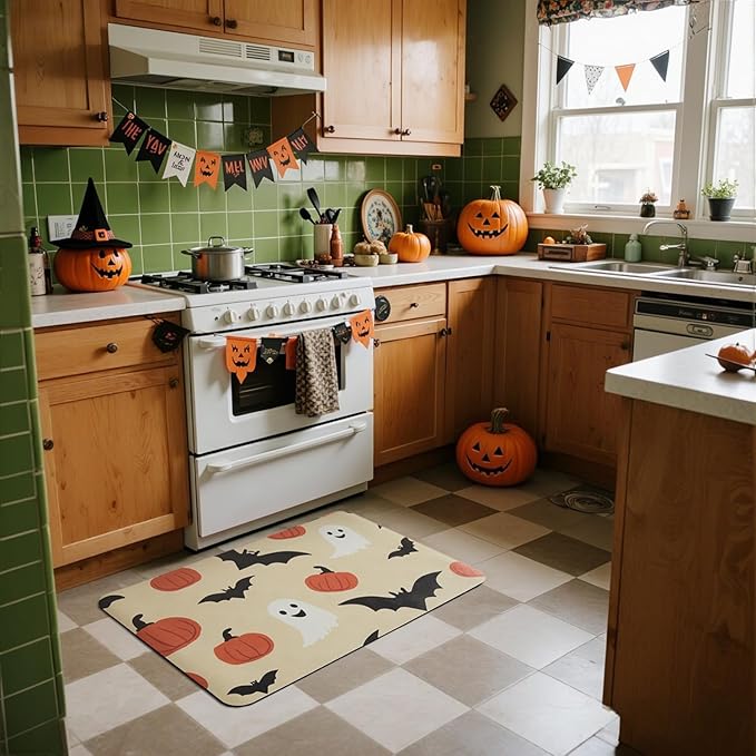 Halloween Bath Mat, Thin Bathroom Rug Non Slip Quick Dry Pumpkin Bath Mat Fits Under Door Thin Floor Mat Halloween Decor, 17''x30'', Pumpkins Bats and Ghost
