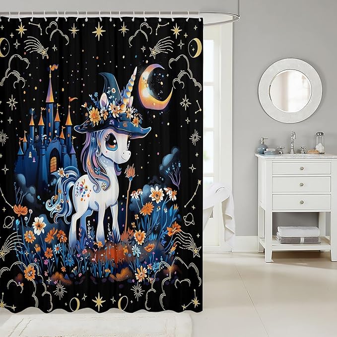 Halloween Unicorn Fabric Shower Curtain,Mysterious Castle Flower Starry Sky Shower Curtain for Bathroom,Cartoon Animals Waterproof Shower Curtain,72 Inch Long