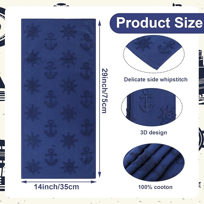 2 Pcs Coastal Hand Towels for Bathroom 100% Cotton Nautical Anchor Wheel Navy Blue Jacquard Weave Towels Absorbent Soft Dish Washcloth for Bathroom Kitchen Summer Theme Gifts, 29.5 x 13.8 Inch