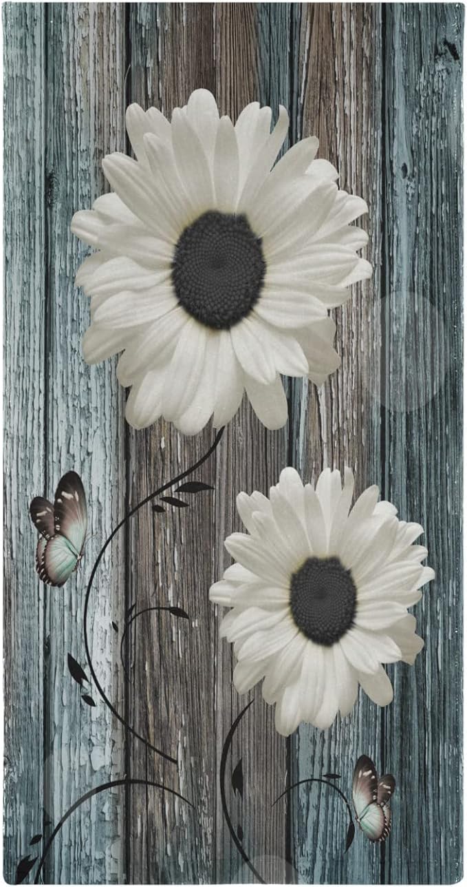 Hand Towels for Bathroom Set of 2 Farmhouse Floral Rustic White Daisy Flower Teal Blue Wooden Plank Soft Absorbent Small Bath Towels Decorative Kitchen Guest Dish Towel for Gym,Spa 28x14in