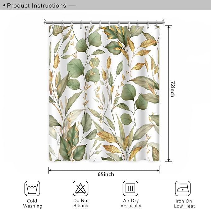 Green Eucalyptus Leaves Bathroom Decor - Tropical Leaf Nature Plant Shower Curtain, 65x70 Inch, Polyester Waterproof Fabric, Modern Home Decor with Hooks
