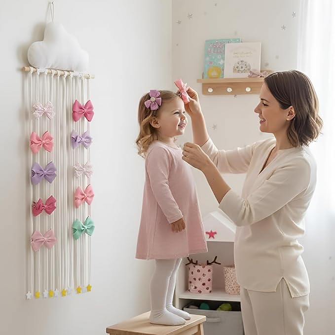 Long Bow Holder for Girls Baby White Clouds Hair Bows Clip Organizer 31.5 Inch Baby Hair Accessories Storage Display Hanging Decor for Girls Nursery Room Bedroom Living Room
