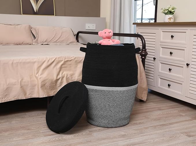 Handcrafted Tall Cotton Rope Basket with Lid, Stylish Flagon Shape with Cover, Clothes Hamper with Top, for Bedroom and Living Room (Two Sides Black/Black Mix, 26"x20")