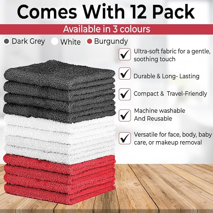 100% Cotton Washcloth Set – Soft, Absorbent Face Towels for Bathroom & Gym Use – Durable & Reusable Wash Cloths - Dark Grey, White & Burgundy, 12x12 Inches, Pack of 12