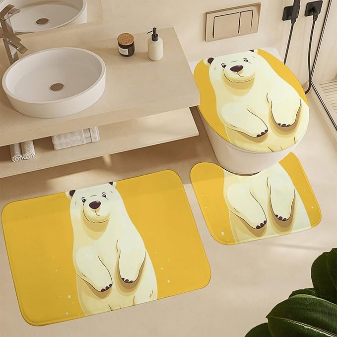 4 Piece Bathroom Rug Set with Shower Curtain, Non-Slip Bath Mat Toilet Cover Set, Cute Cartoon Polar Bear Bathroom Rug Sets