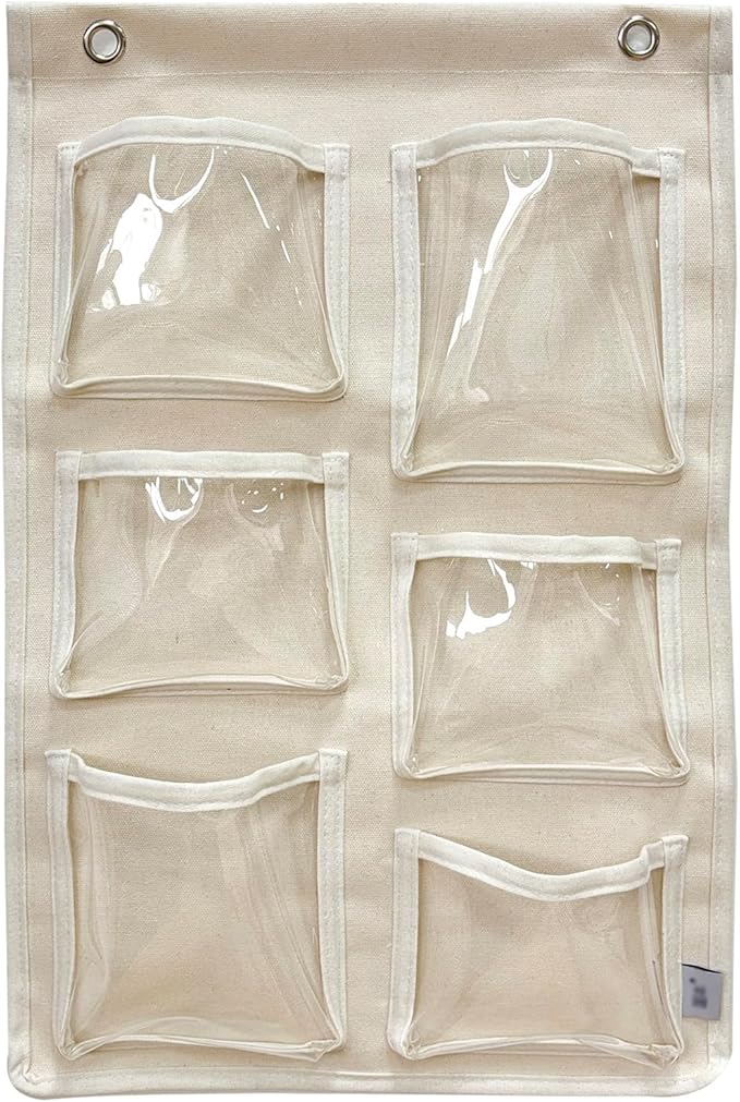 Beige Canvas Wall Organizer: 6 Clear Pockets for Mail & Supplies + 2 Hooks, Multi-Purpose Hanging Storage for Home or Office