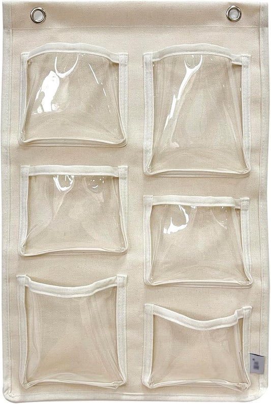 Beige Canvas Wall Organizer: 6 Clear Pockets for Mail & Supplies + 2 Hooks, Multi-Purpose Hanging Storage for Home or Office