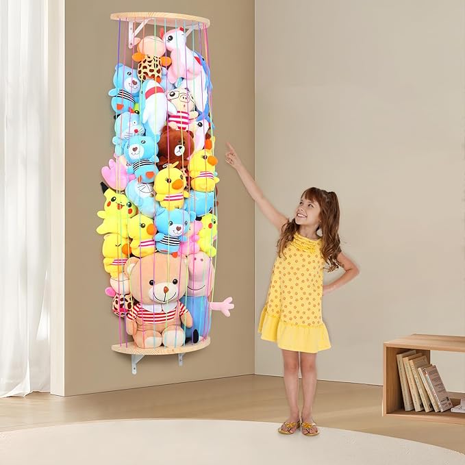 Stuffed Animal Storage Hammock Wooden Half Circle Design Wall Hanging Plush Toy Organizer for Kids Room Decor, Plush Net Hammock Playroom Nursery Stuffed Animal Corner Net Shelf