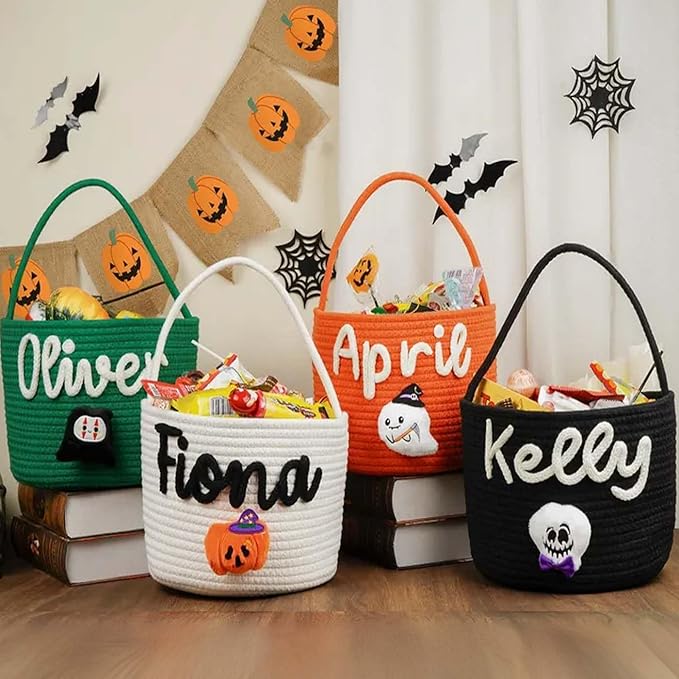 Personalized Halloween Candy Bucket, Custom Baby Name Trick or Treat Baskets Customized Monogrammed Cotton Tote Basket Toys Storage Basket Gifts for Boys Girls Halloween