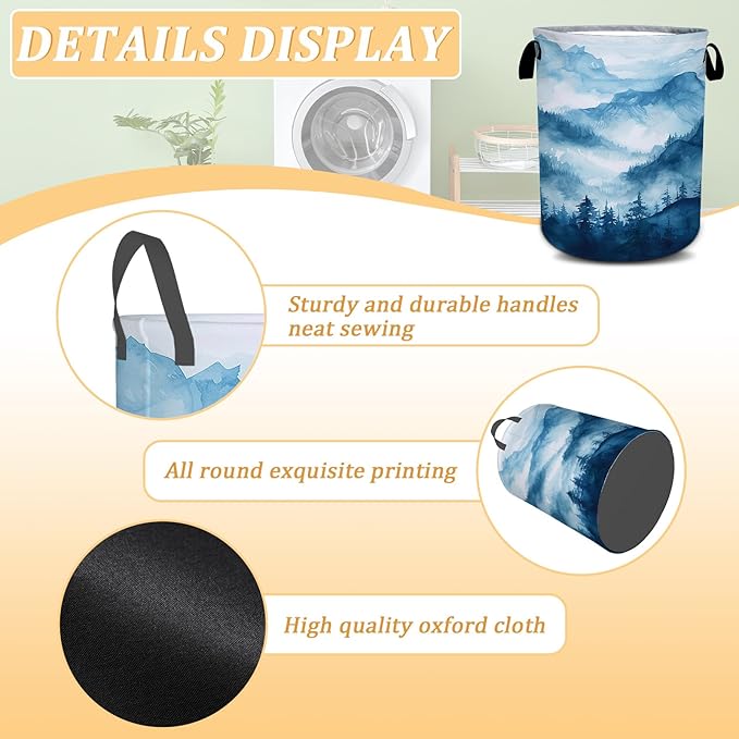 Blue Mountain Forest Laundry Basket, Foldable Waterproof Oxford Cloth Laundry Hamper Funny Tote Bag Dirty Clothes Storage Bucket Toy Organizer for Bathroom/Laundry/Bedroom 15.7"x19.6"
