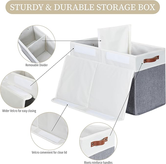 DECOMOMO Large Toy Storage Box with Lid - 25" x 12" x 16" Toy Chest Storage Bin with Divider for Kids, Nursery, Playroom (Grey & White)